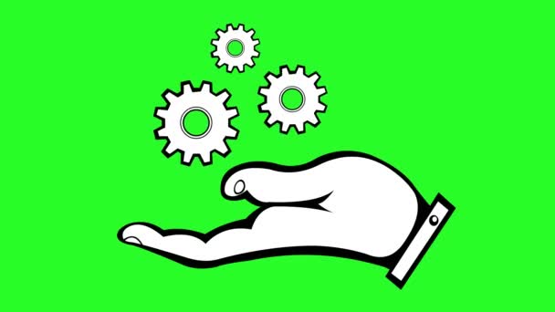 animation of icon of a hand with rotating gears, in concept of engineering, industry, construction and innovation. on a green chrome key background - Materiał filmowy, wideo