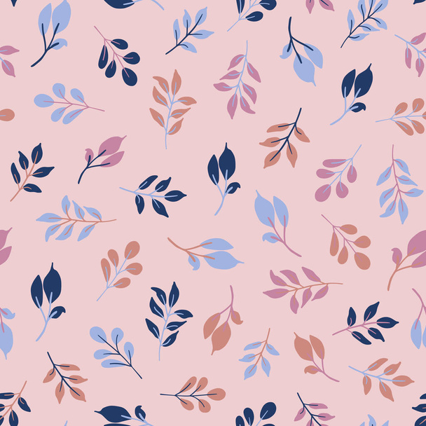 ランダムに配置され、秋のシームレスな繰り返しパターンを残し。ピンクの背景の上の表面の印刷の上のベクトル植物要素. - ベクター画像
