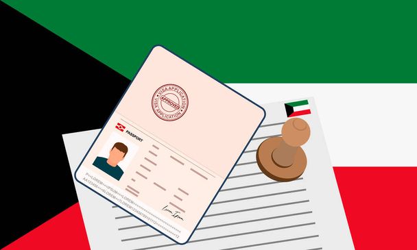 クウェートビザ、国境を越えるためのビザの承認された文書とスタンプパスポートを開きます。入国ビザの概念。クウェートの国旗を背景に。ベクターイラスト. - ベクター画像