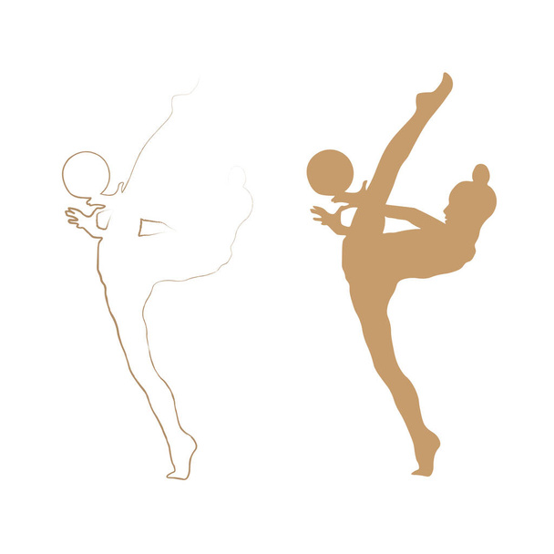The silhouette of the gymnast, who raises her foot in twine, catches the ball in balance. - Vector, Image