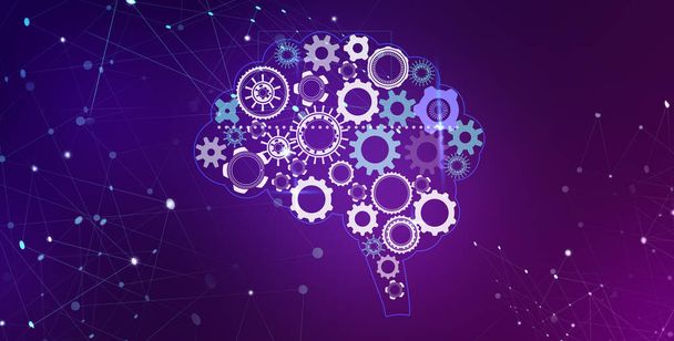 Brain with gears on a blue background. Efficient work, artificial intelligence training - Foto, imagen
