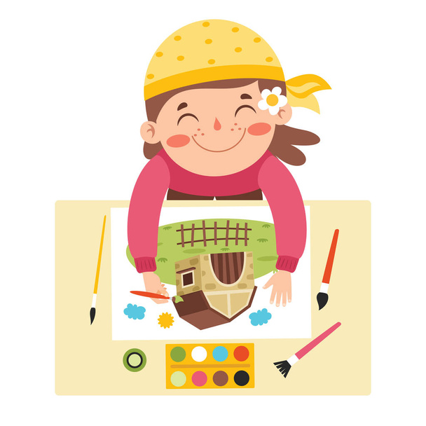 Top View Of Kid Painting On Paper - Vector, Image