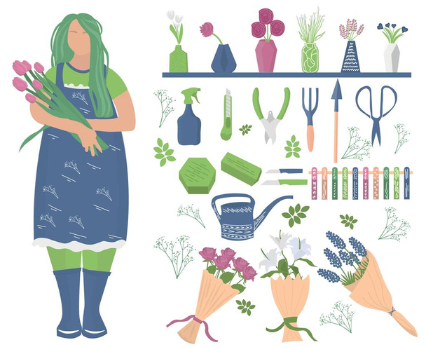 Female florist and different items on white background - Vector, Imagen