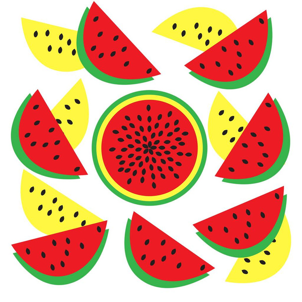 red slices of watermelon and a whole watermelon in the middle of the cut vector - Vector, Image