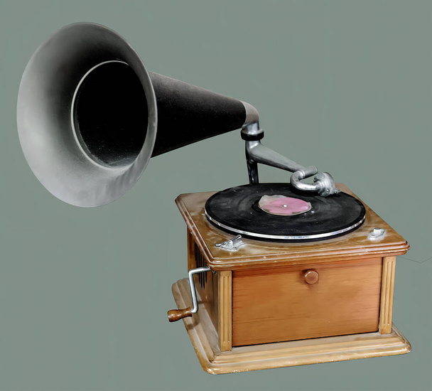 Ročník Gramophone: starý retro gramofon izolované zelené pozadí s výstřižkem cesta. - Fotografie, Obrázek