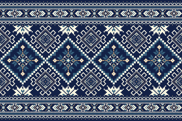 Floral Cross Stitch Embroidery on navy blue background.geometric ethnic oriental pattern traditional.Aztec style abstract vector illustration.design for texture,fabric,clothing,wrapping, decoration. - Vettoriali, immagini