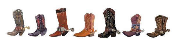 Set of different western cowboy boots with spurs. Stylish leather boots with traditional american wild west decoration. Realistic hand drawn vector illustration isolated on white background. - Vecteur, image