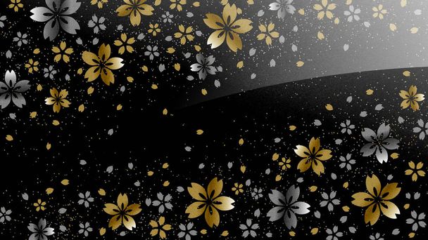 Siyah arkaplanda kiraz çiçeklerinin altın ve gümüş kaplama çalışmaları, kopyalama alanı mevcut - Fotoğraf, Görsel