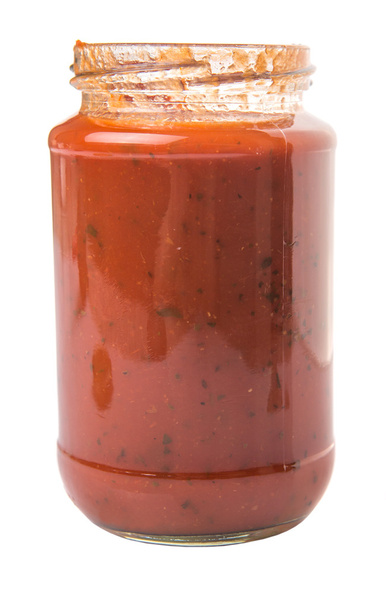Spaghetti saus in een pot op witte achtergrond - Foto, afbeelding