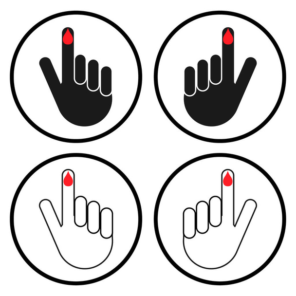 Conjunto de dedo de la mano con el icono de la gota de sangre, símbolo de la prueba de salud médica, vector de medición de control ilustración . - Vector, Imagen