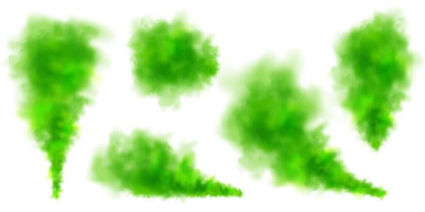 Grüne bunte Rauchwolken isoliert auf weißem Hintergrund, realistischer Nebeleffekt, Nebel. Dampf in der Luft, Dampfstrom. Vektorillustration. - Vektor, Bild