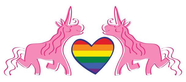 twee roze eenhoorns met een hart-trots vlag LGBT in het midden - Vector, afbeelding