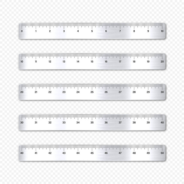 Realistas várias réguas de metal escovado com escala de medição e divisões, marcas de medida. Régua escolar, escala de polegada para medição de comprimento. Material de escritório. Ilustração vetorial. - Vetor, Imagem