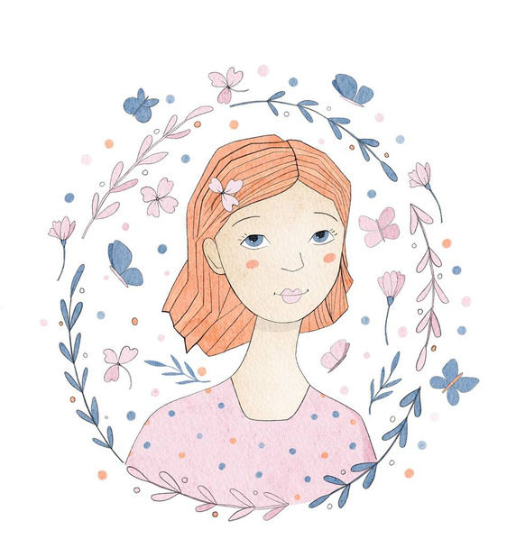 girl in flowers drawing, watercolor illustration of beautiful young woman with ginger hair and wreath of floral ornament - Photo, image