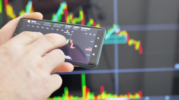 複数のデバイスを使用した投資証券会社リスク分析。電話アプリとラップトップを使用した財務分析。市場取引利益 - 映像、動画