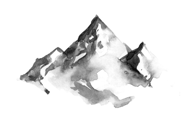 Bergen, rotsachtige toppen. Abstracte minimalistische stijl. Een-takt tekening. Met de hand getekend door borstel. Aquarel Illustratie - Foto, afbeelding
