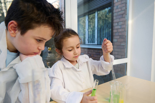 Adorable Caucasian schoolboy and schoolgirl in lab coats, doing chemical experiments in the chemistry class. Smart little girl dripping reagent with a graduated pipette in a school laboratory - Foto, immagini