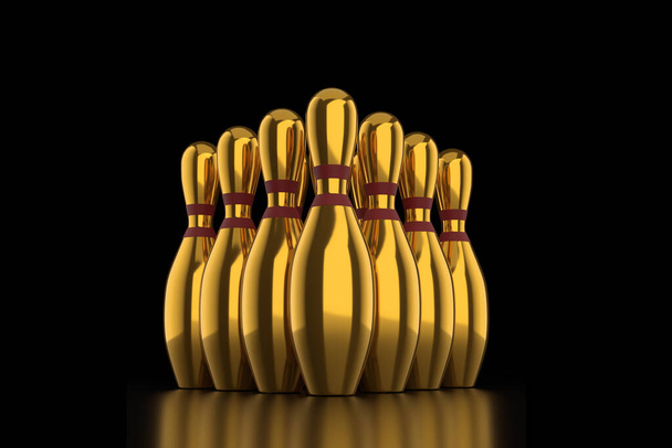 Gold Golden Bowling Pins on black background. 3d Illustration Rendering - Foto, Bild