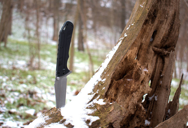 Πτυσσόμενο μαχαίρι όμορφο σχέδιο κοπής ασημένια άκρη μαύρη λαβή πρώτη χιόνι ξηρό φόντο ξύλο - Φωτογραφία, εικόνα