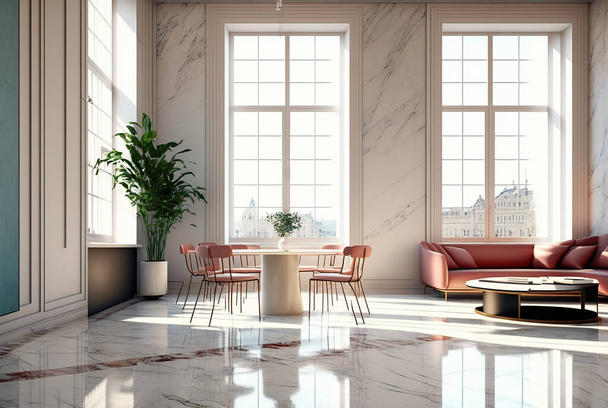 Living room interior design of luxury Lavish apartment with marble floor, high ceilings and high glass windows. Art deco concept. - Foto, Bild
