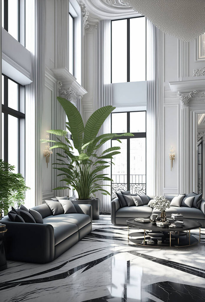 Дизайн интерьера гостиной роскошной роскошной квартиры Lavish с мраморным полом, высокими потолками и высокими стеклянными окнами. Арт-деко. - Фото, изображение