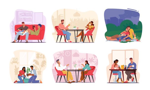 Set Happy Loving Couple Characters Relations and Sparetime. Young Man and Woman Reading Books, Dining, Romantic Date, Planting Flower, Meet in Cafe Together. Cartoon People Vector Illustration - Vettoriali, immagini