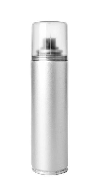 Silberne Flasche Haarspray auf weißem Hintergrund - Foto, Bild