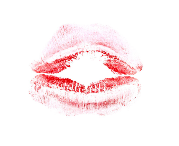 Red lipstick kiss mark on white background - Photo, Image