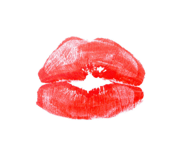 Rode lippenstift kus mark op witte achtergrond - Foto, afbeelding