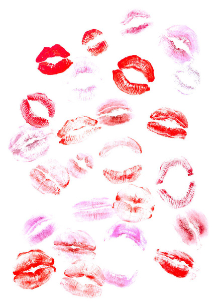 Lipstick kiss marks on white background - Foto, Imagem