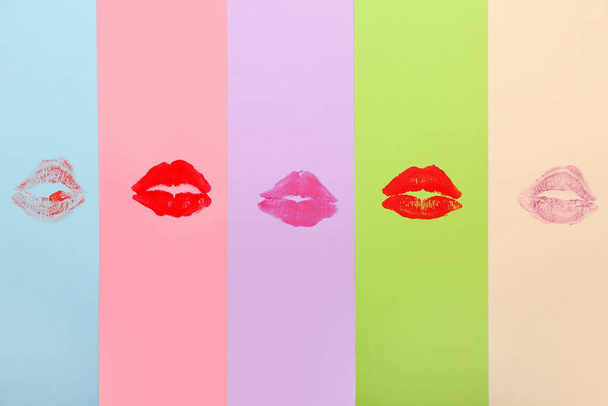Lipstick kiss marks on color background - Photo, Image