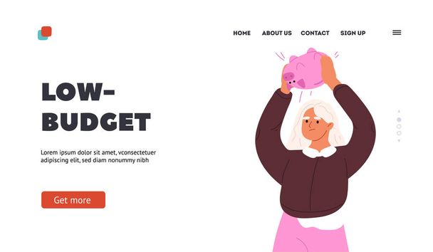 Low budget concept of landing page with woman shaking empty pink piggy bank with coins. Female in financial crisis and difficulties. Bankrupt girl suffer from poverty. Cartoon flat vector illustration - Vector, imagen