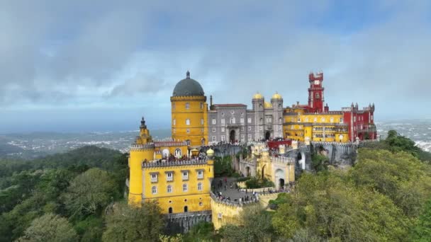 Palace of Pena in Sintra. Lisbon, Portugal. Part of cultural site of Sintra City. Drone Point of View. 4k. - Filmmaterial, Video