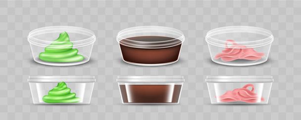 Plastic containers with sushi sauces. Green wasabi, pickled ginger, teriyaki soy sauce in bowls. Traditional seasoning for asian meal isolated on white background. Vector illustration - Vetor, Imagem
