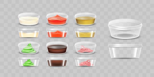 Leere Kunststoffbehälter mit Deckeln für Soßen. Senf, Ketchup, Mayonnaise, Sojasauce, rosa Ingwer und Wasabi für Sushi-Verpackungsattrappen isoliert. Realistische Vektorillustration - Vektor, Bild