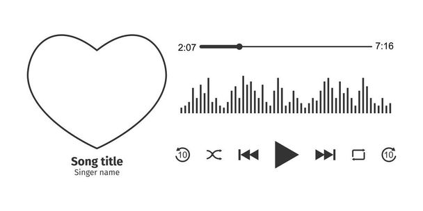 Интерфейс музыкального проигрывателя с фотографией в форме сердца, разные кнопки, загрузочная панель с таймером и эквалайзером. Горизонтальное расположение. Векторная иллюстрация на белом фоне - Вектор,изображение