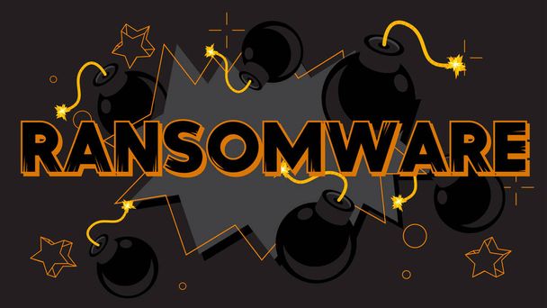 Ransomware text with black Bomb. Cartoon Vector Illutration. - Vector, Image