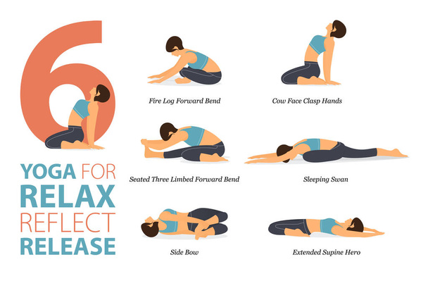 Infographic  6 Yoga poses for workout at home in concept of relax reflect release in flat design. Women exercising for body stretching. Yoga posture or asana for fitness infographic. Flat Cartoon Vector Illustration. - Vector, Image
