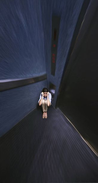 Trapped by her phobia. Distorted shot of a young woman trapped in an elevator - Zdjęcie, obraz