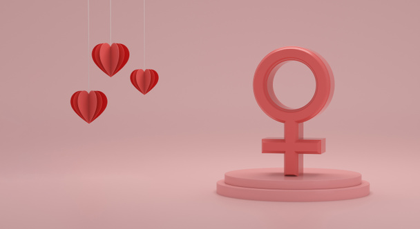Female gender symbols in a platform and heart paper cut on pink room background. Concept of International Women's Day. 3D rendering. - Fotoğraf, Görsel