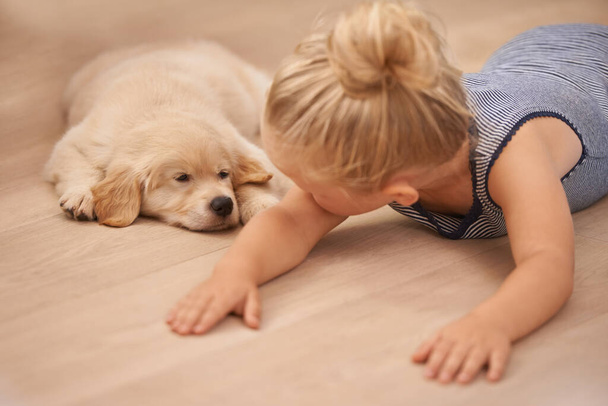 Bulabileceğin en iyi arkadaş. Evinde köpek yavrusuyla sevimli küçük bir kız - Fotoğraf, Görsel