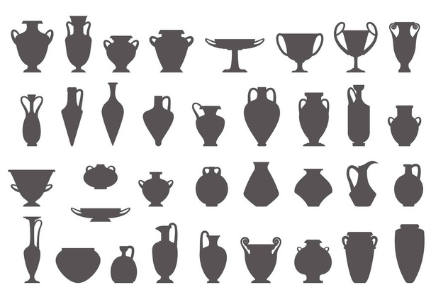 Greek vases silhouettes. Ancient amphoras and pots glyph illustration. Clay ceramic earthenware. Vector - Διάνυσμα, εικόνα