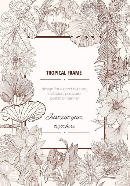 Wedding invitation. Frame with spring and summer tropical and garden line flowers. Botanical illustration.  - Vector, imagen