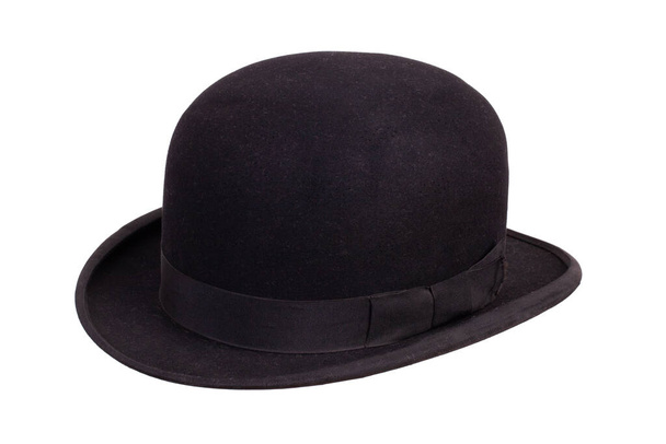 Black bowler hat angled view isolated on white background - Foto, Imagen