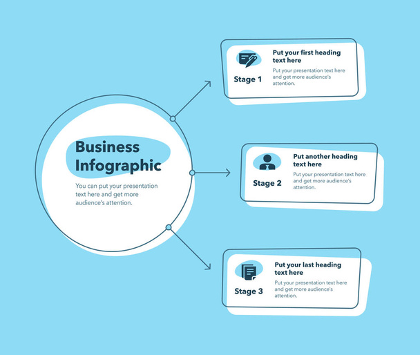 Infografika biznesowa z trzema etapami - wersja niebieska. Przesuń do prezentacji biznesowej. - Wektor, obraz