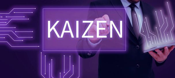 Signo de texto que muestra Kaizen, Internet Concept una filosofía empresarial japonesa de mejora de las prácticas de trabajo - Foto, Imagen
