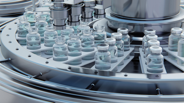 Close up 3d render. Vaccine manufacturing, machine puts caps on bottles vials passing on conveyor belt. Clear blue liquid - Photo, image