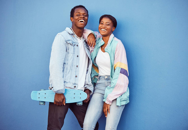 Skateboard, black couple and happiness portrait together for youth, gen z and summer motivation outdoor. African man, black woman and young love, freedom and happy skater lifestyle in city background. - Foto, immagini