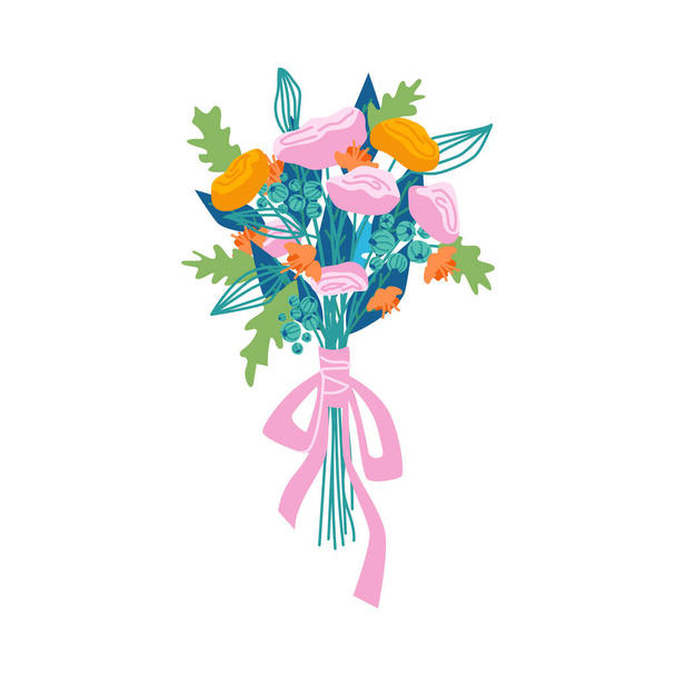 Floral composition in bouquet, isolated flowers in blossom. Botany and decoration. Decorative botany, flora and branches with petals and leaves, vector in flat cartoon style - Vettoriali, immagini