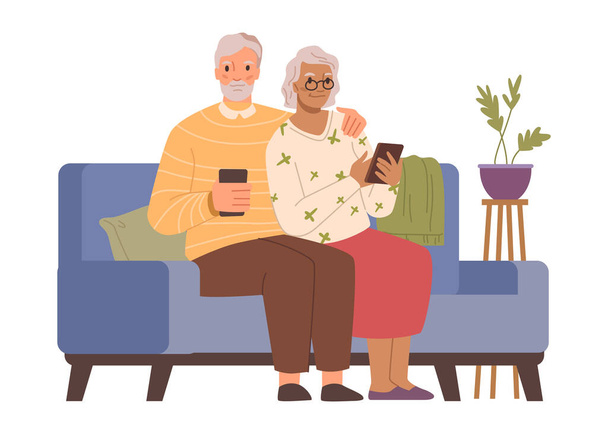 ソファに座って休んでいるスマホを使うシニア。現代的な技術を持つ年金受給者、インターネット付き携帯電話。平面漫画キャラクターベクトル - ベクター画像